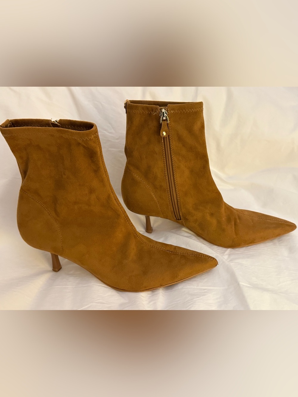 GUESS Pointed-Toe Suede Ankle Boots in Camel Brown 9 1/2
